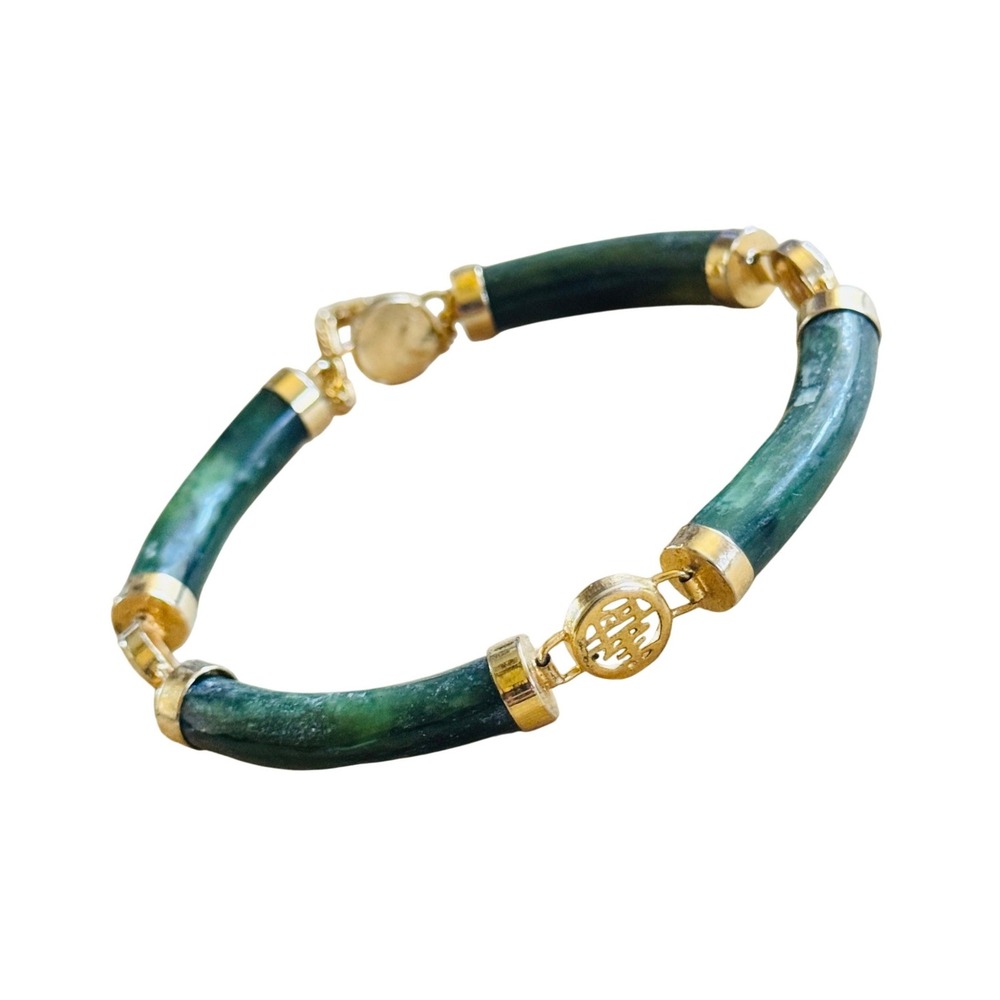 VTG ESTATE Natural Green Jade Gold Plated Bracelet Stone Tube Beaded Genuine 7"